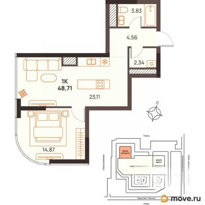1-комн. квартира, 48.71 м&sup2;