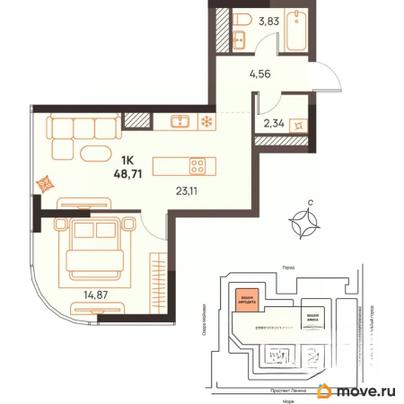 1-комн. квартира, 48.71 м&sup2;
