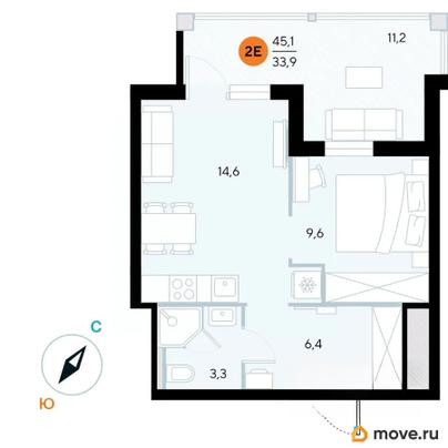 1-комн. апартаменты, 45.1 м&sup2;