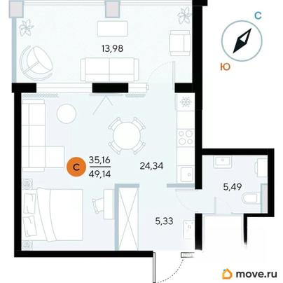 1-комн. апартаменты, 49.1 м&sup2;