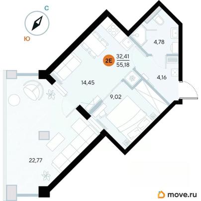 1-комн. апартаменты, 55.2 м&sup2;