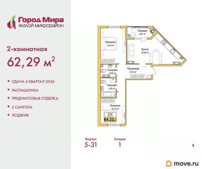 2-комн. квартира, 62.29 м&sup2;