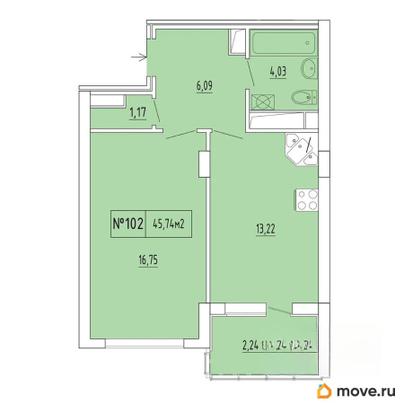 1-комн. квартира, 43.5 м&sup2;