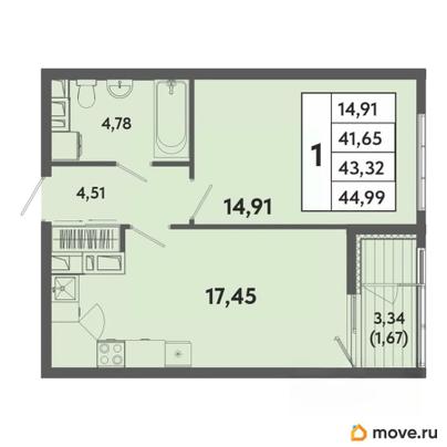 1-комн. квартира, 43.32 м&sup2;
