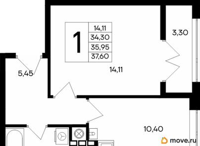 1-комн. квартира, 37.6 м&sup2;