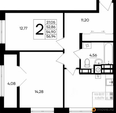 2-комн. квартира, 57.23 м&sup2;