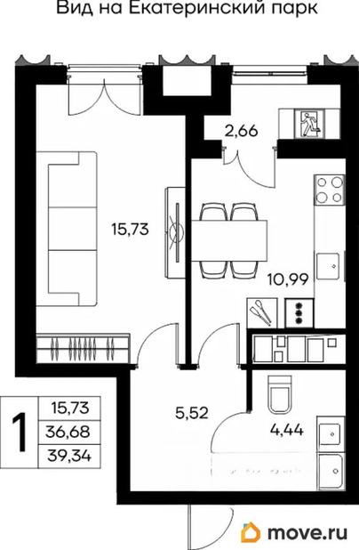 1-комн. квартира, 39.34 м&sup2;