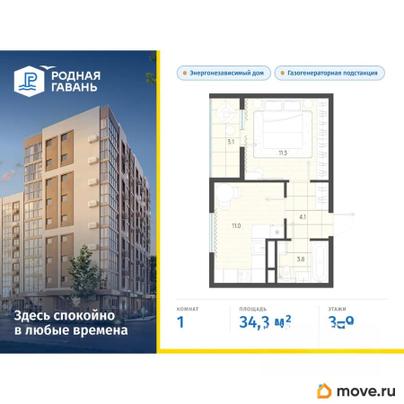 1-комн. квартира, 34.3 м&sup2;