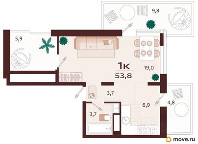 1-комн. квартира, 53.8 м&sup2;