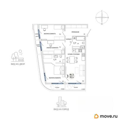 3-комн. квартира, 92.1 м&sup2;