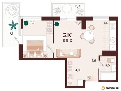 2-комн. квартира, 58.9 м&sup2;