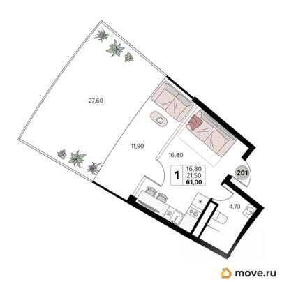 1-комн. апартаменты, 61 м&sup2;