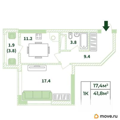 1-комн. квартира, 43.7 м&sup2;