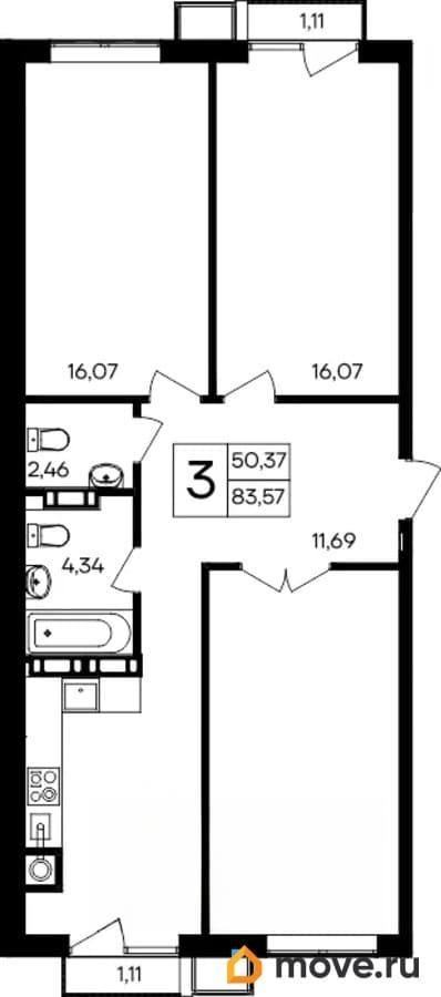 3-комн. квартира, 83.57 м&sup2;