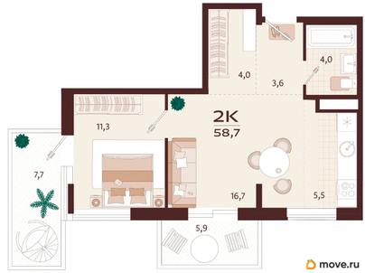 2-комн. квартира, 58.7 м&sup2;