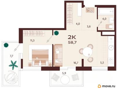 2-комн. квартира, 58.7 м&sup2;