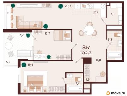 3-комн. квартира, 102.3 м&sup2;