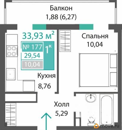 1-комн. квартира, 29.54 м&sup2;