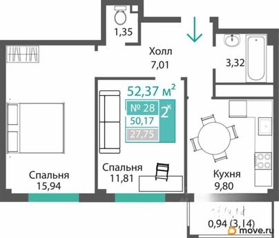 2-комн. квартира, 50.17 м&sup2;
