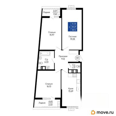 3-комн. квартира, 88.16 м&sup2;