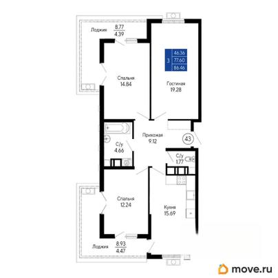 3-комн. квартира, 86.46 м&sup2;