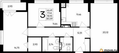 3-комн. квартира, 80.39 м&sup2;
