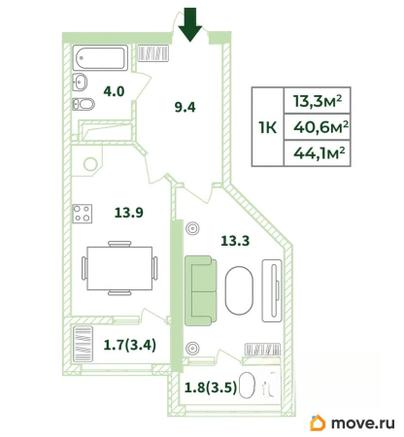 1-комн. квартира, 44.1 м&sup2;