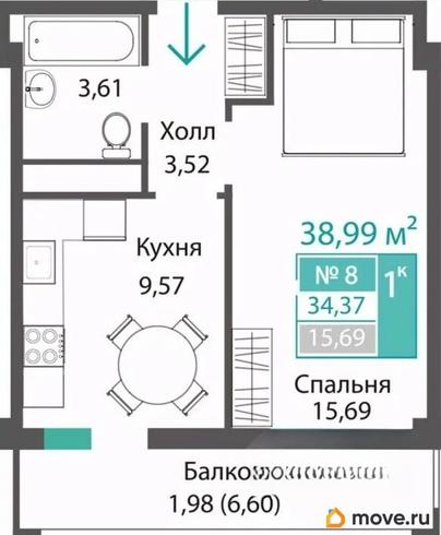 1-комн. квартира, 34.37 м&sup2;