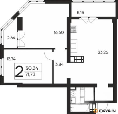 2-комн. квартира, 71.73 м&sup2;