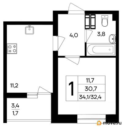 1-комн. квартира, 34.1 м&sup2;