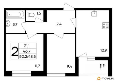2-комн. квартира, 50.2 м&sup2;