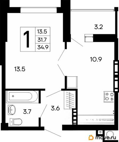 1-комн. квартира, 34.9 м&sup2;