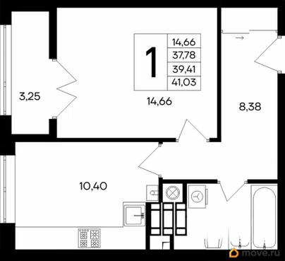 1-комн. квартира, 41.02 м&sup2;