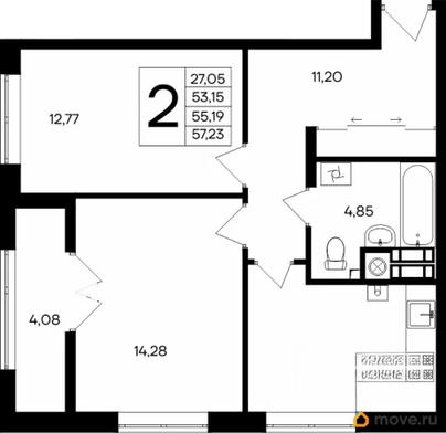 2-комн. квартира, 57.23 м&sup2;