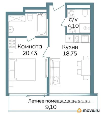 2-комн. апартаменты, 52.38 м&sup2;