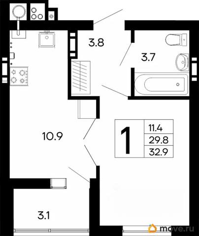 1-комн. квартира, 32.9 м&sup2;