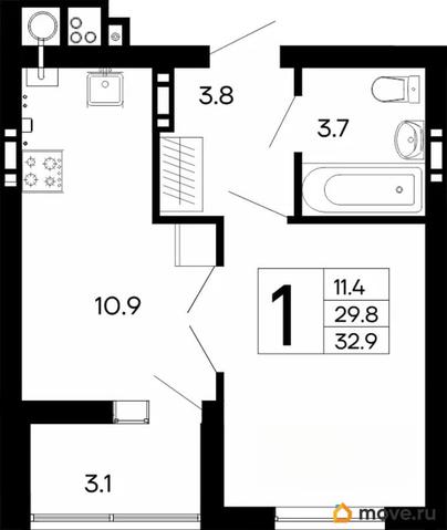 1-комн. квартира, 32.9 м&sup2;