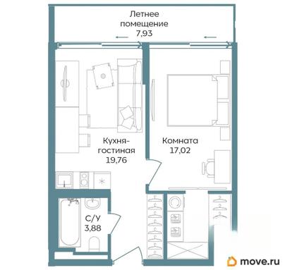 1-комн. апартаменты, 48.59 м&sup2;