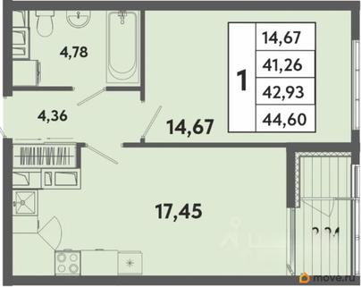 1-комн. квартира, 42.93 м&sup2;