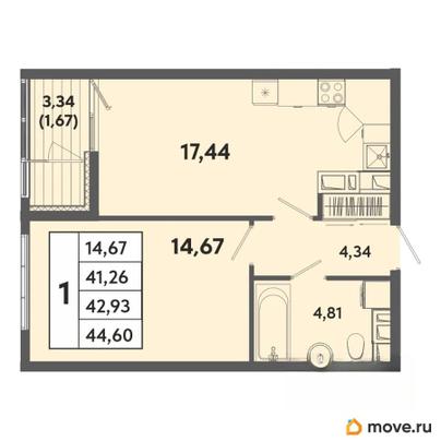 1-комн. квартира, 42.93 м&sup2;