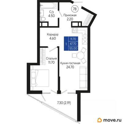 1-комн. квартира, 55 м&sup2;