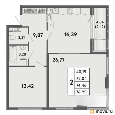 2-комн. квартира, 74.46 м&sup2;