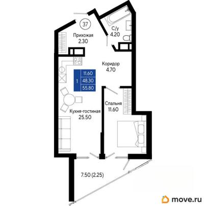 1-комн. квартира, 55.8 м&sup2;