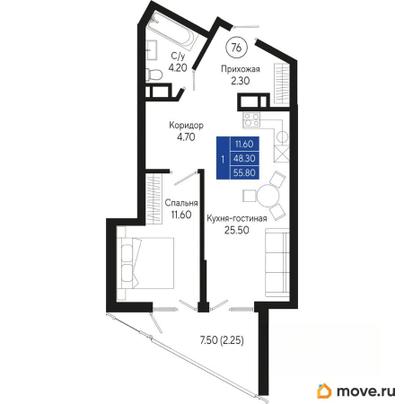 1-комн. квартира, 55.8 м&sup2;