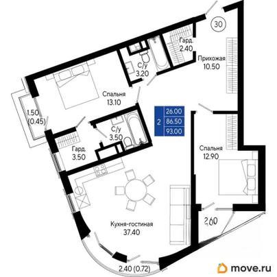 2-комн. квартира, 93 м&sup2;
