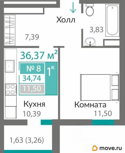 1-комн. квартира, 34.74 м&sup2;