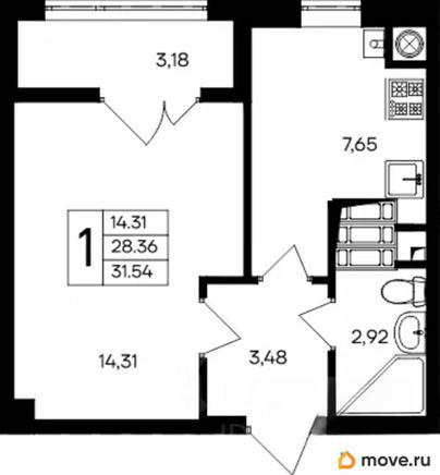 1-комн. квартира, 31.54 м&sup2;