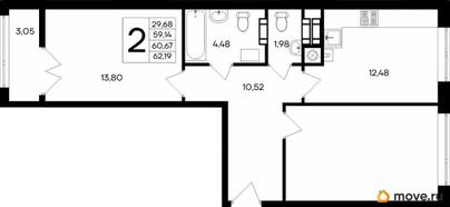 2-комн. квартира, 62.19 м&sup2;