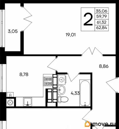 2-комн. квартира, 62.84 м&sup2;