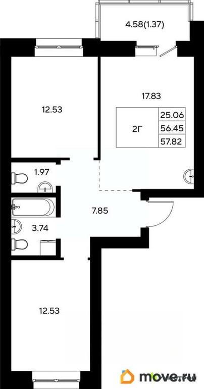 2-комн. квартира, 57.82 м&sup2;